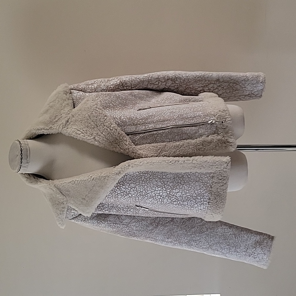 Vintage Y2K Genuine Shearling Leather Distressed Moto Biker Jacket Small Beige